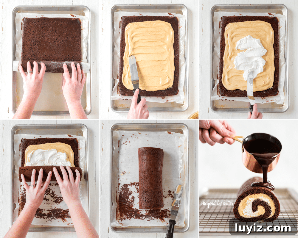 Chocolate Pumpkin Swiss Roll with Cocoa Cream Filling 5 How to Assemble a Chocolate Pumpkin Cake Roll