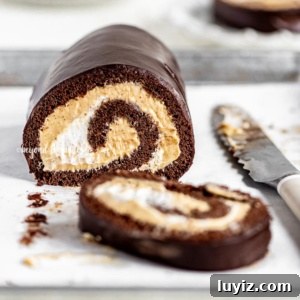 Chocolate Pumpkin Swiss Roll with Cocoa Cream Filling 7 Slices of chocolate pumpkin cake roll with knife on parchment paper lined jelly roll pan.