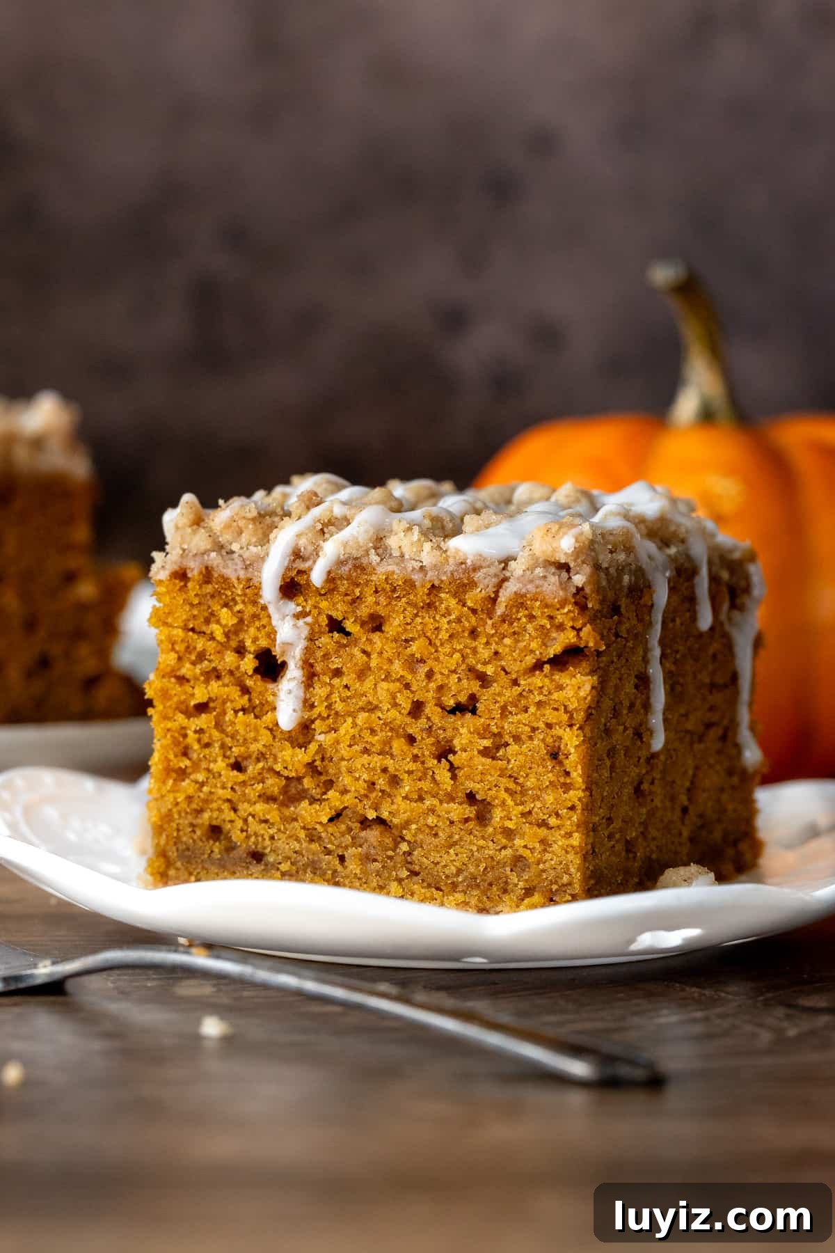 Pumpkin Spice Coffee Cake Recipe for Fall Gatherings 2 Slice of pumpkin coffee cake with streusel topping with a drizzle of glaze
