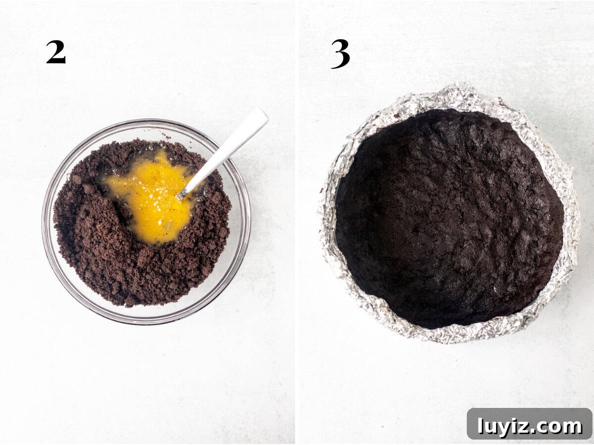 Decadent Chocolate Cheesecake Recipe: Creamy, Rich & Fudgy 5 Bowl of crushed Oreo cookies and melted butter, and unbaked Oreo crust in springform pan wrapped in foil