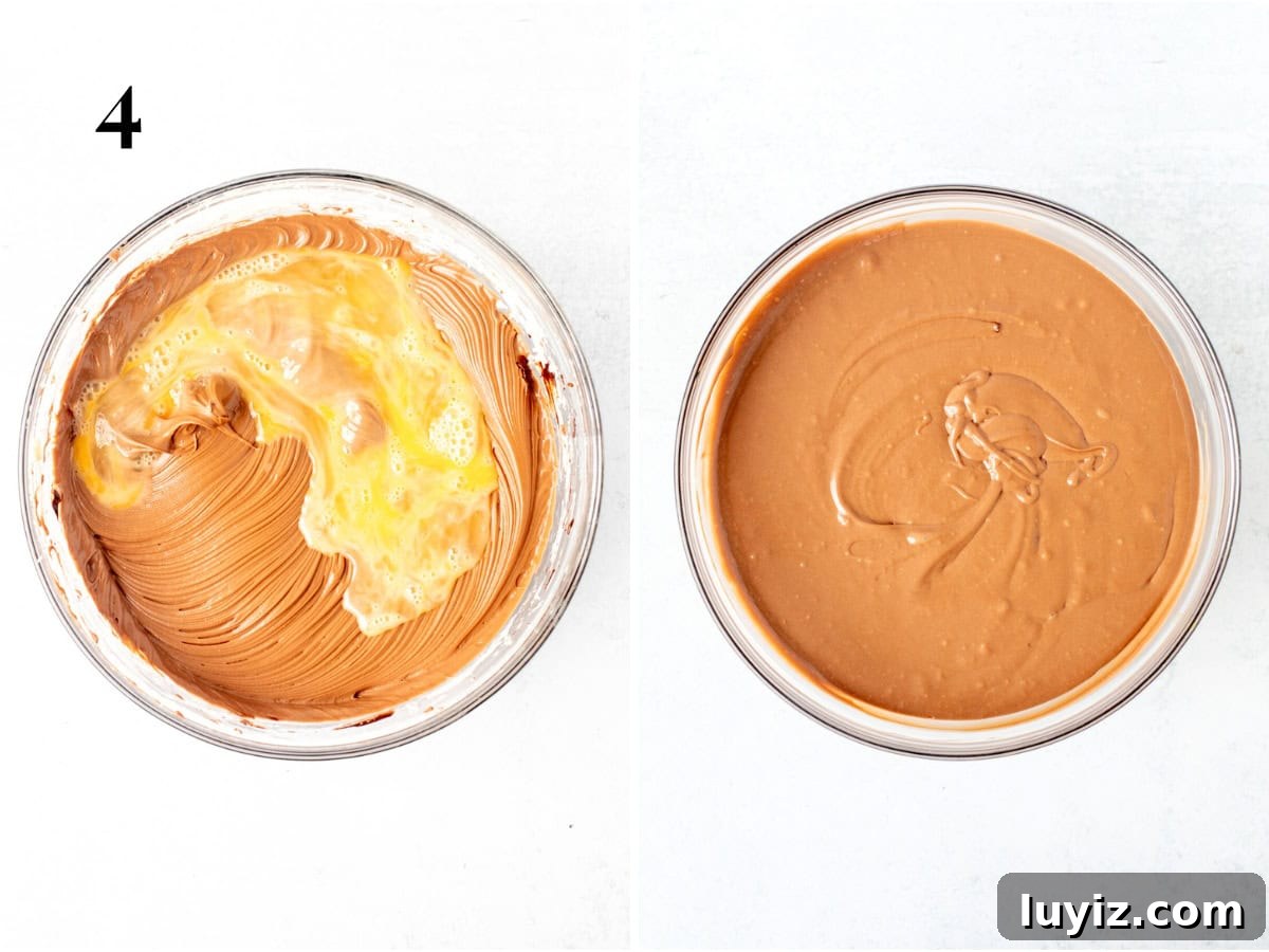 Decadent Chocolate Cheesecake Recipe: Creamy, Rich & Fudgy 6 Bowl of chocolate cheesecake batter with whisked eggs added to the bowl, and bowl of chocolate cheesecake batter