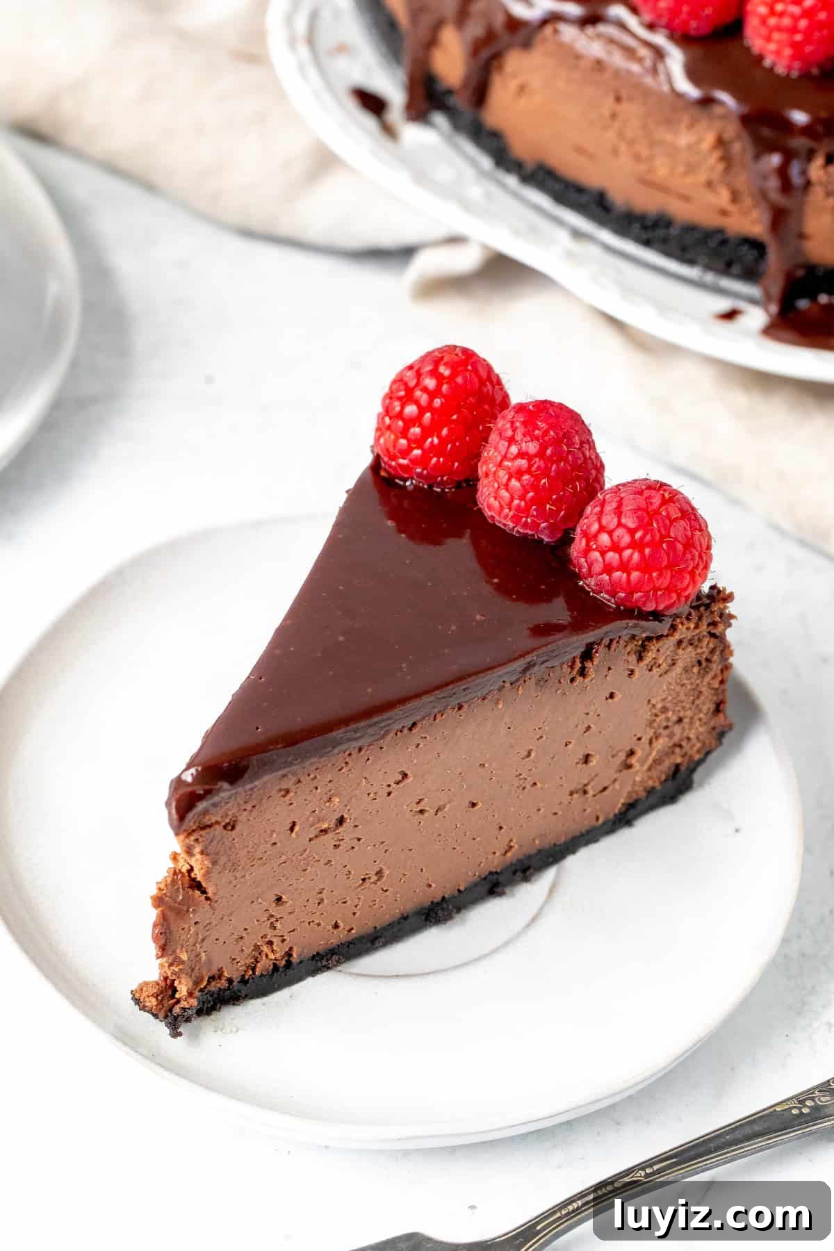 Decadent Chocolate Cheesecake Recipe: Creamy, Rich & Fudgy 8 Slice of triple chocolate cheesecake with chocolate ganache topping