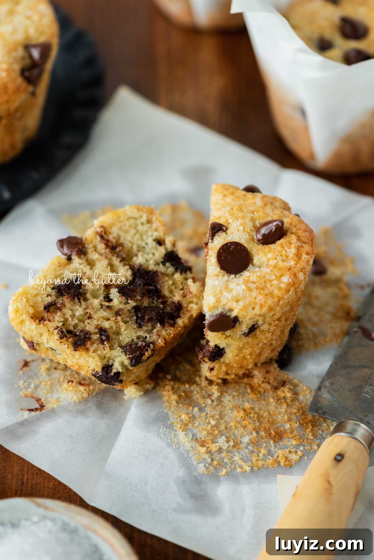 Bakery-Style Chocolate Chip Muffins Recipe for Fluffy Results 3 Bakery style chocolate chip muffin sliced in half laying on the tulip style liner