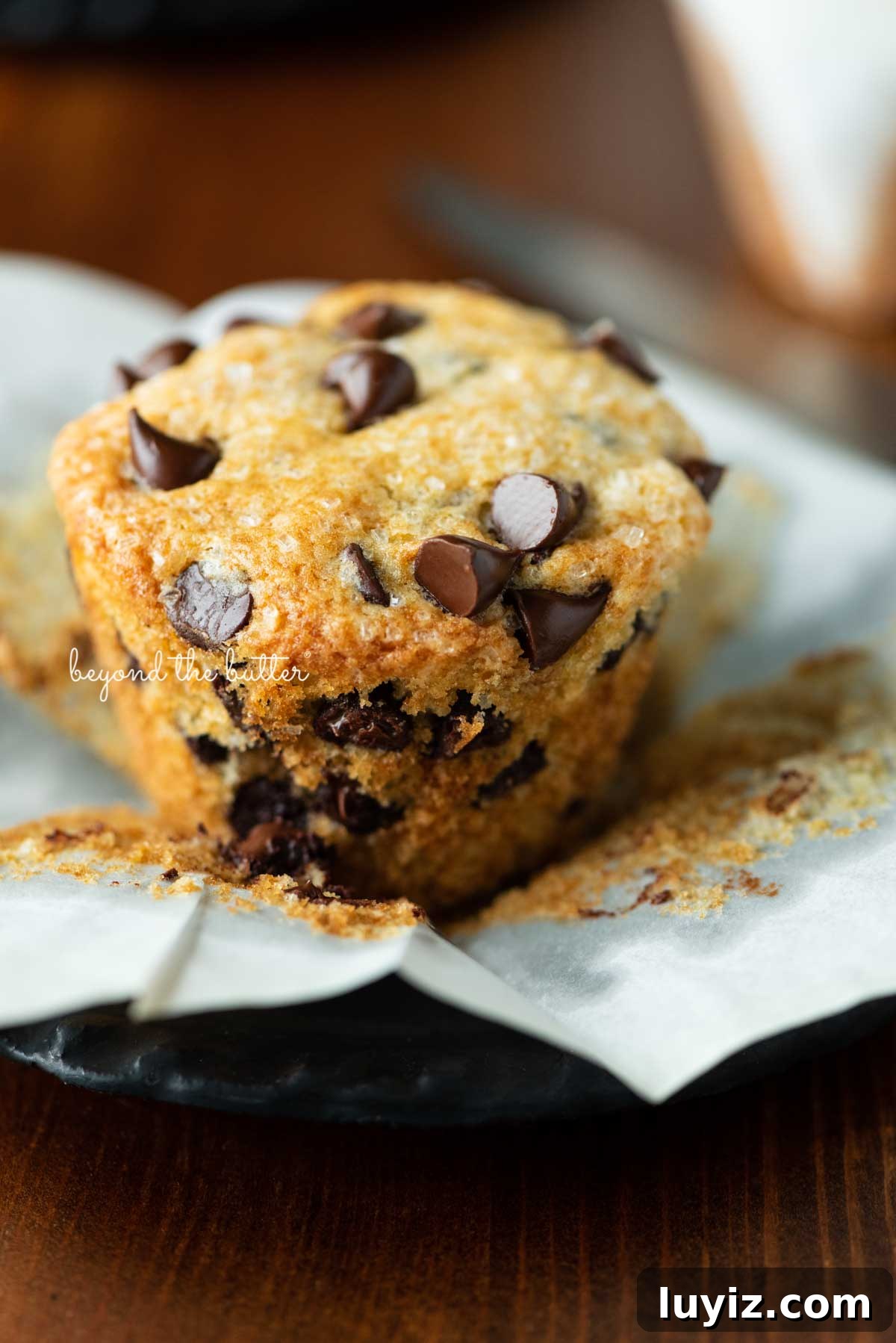 Bakery-Style Chocolate Chip Muffins Recipe for Fluffy Results 5 Unwrapped bakery style chocolate chip muffin on flattened muffin linerand black dessert plate