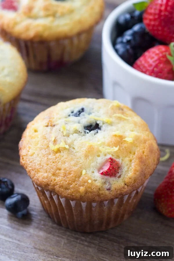 Triple Berry Muffins Recipe with Fresh Strawberries, Blueberries & Raspberries 4 Triple Berry Muffins. Moist, fluffy, buttery & bursting with berries - make them with fresh or frozen fruit - they're always a hit! www.justsotasty.com