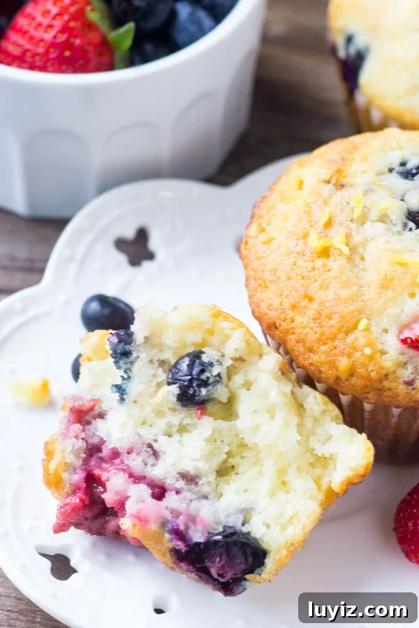 Triple Berry Muffins Recipe with Fresh Strawberries, Blueberries & Raspberries 6 Triple Berry Muffins. Moist, fluffy, buttery & bursting with berries - make them with fresh or frozen fruit - they're always a hit! www.justsotasty.com