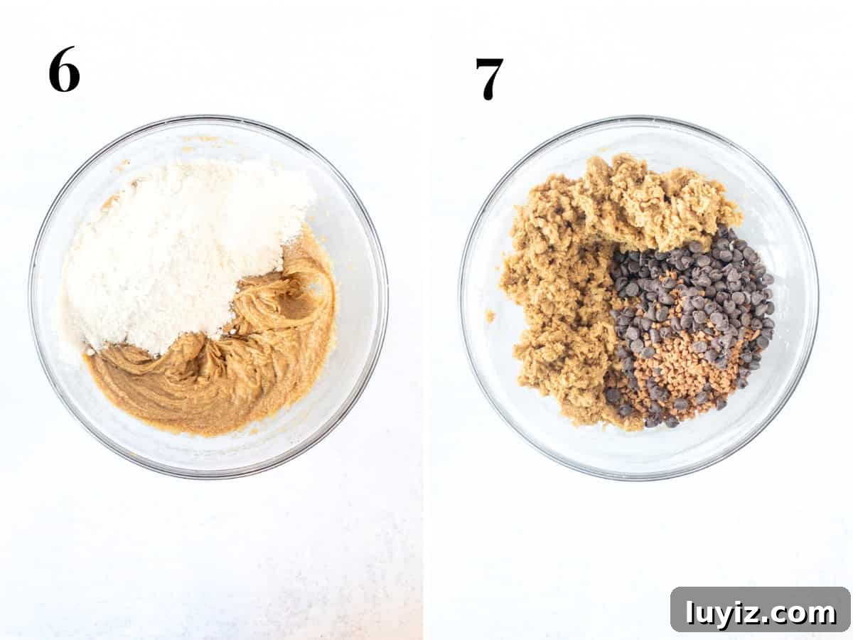 Brown Butter Toffee Chocolate Chip Cookies — Crispy & Gooey 7 Bowl of cookie dough with dry ingredients added, and bowl of cookie dough with toffe bits and chocolate chips