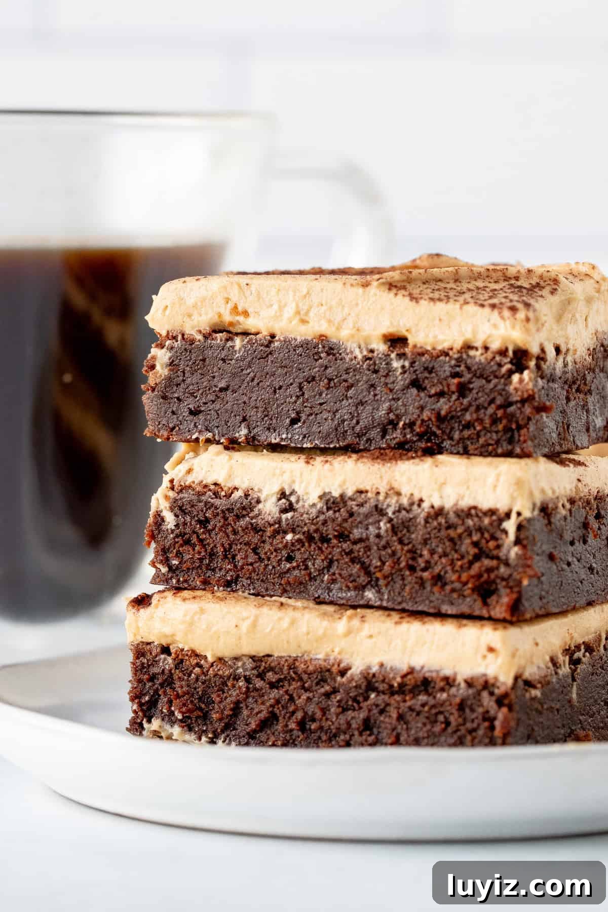 Mocha Brownies with Café Latte Frosting: Coffee-Infused Dessert Recipe 3 Stack of three mocha brownies, frosted with coffee frosting