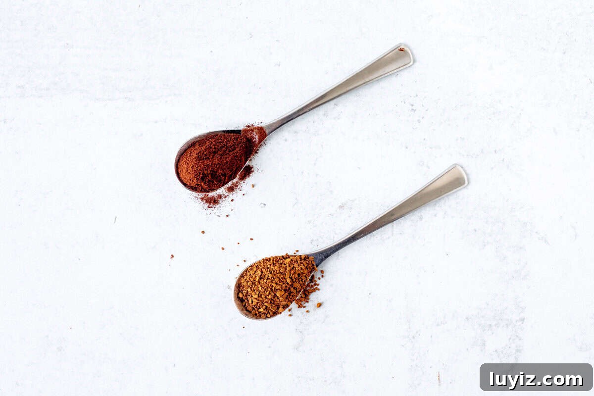 Mocha Brownies with Café Latte Frosting: Coffee-Infused Dessert Recipe 7 Spoonful of small instant coffee granules and spoonful of larger instant coffee granules.