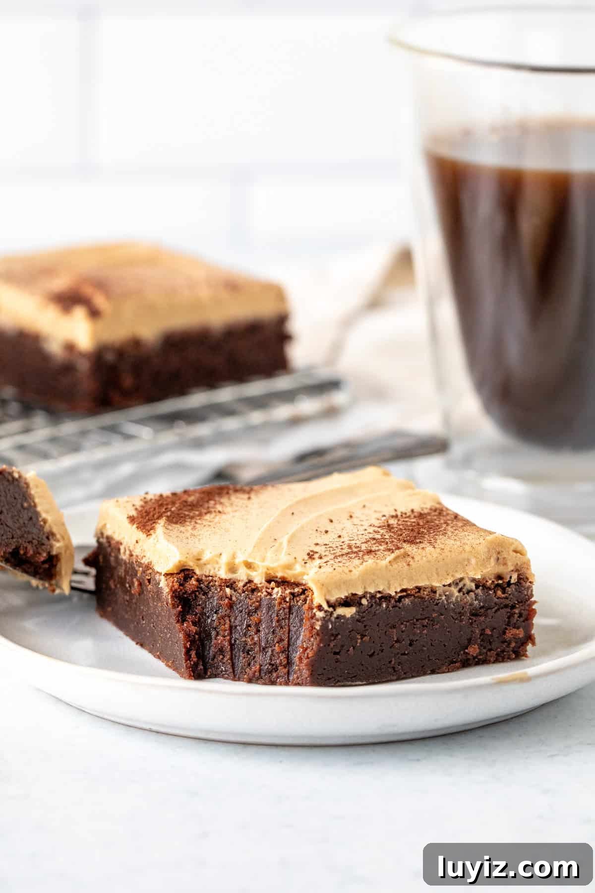 Mocha Brownies with Café Latte Frosting: Coffee-Infused Dessert Recipe 8 Fudgy mocha brownie with coffee frosting, with a bite taken out.