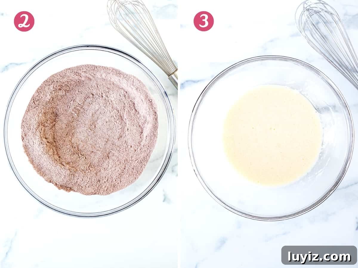 Decadent Double Chocolate Cupcakes Recipe 4 Bowl of dry ingredients and bowl of wet ingredients