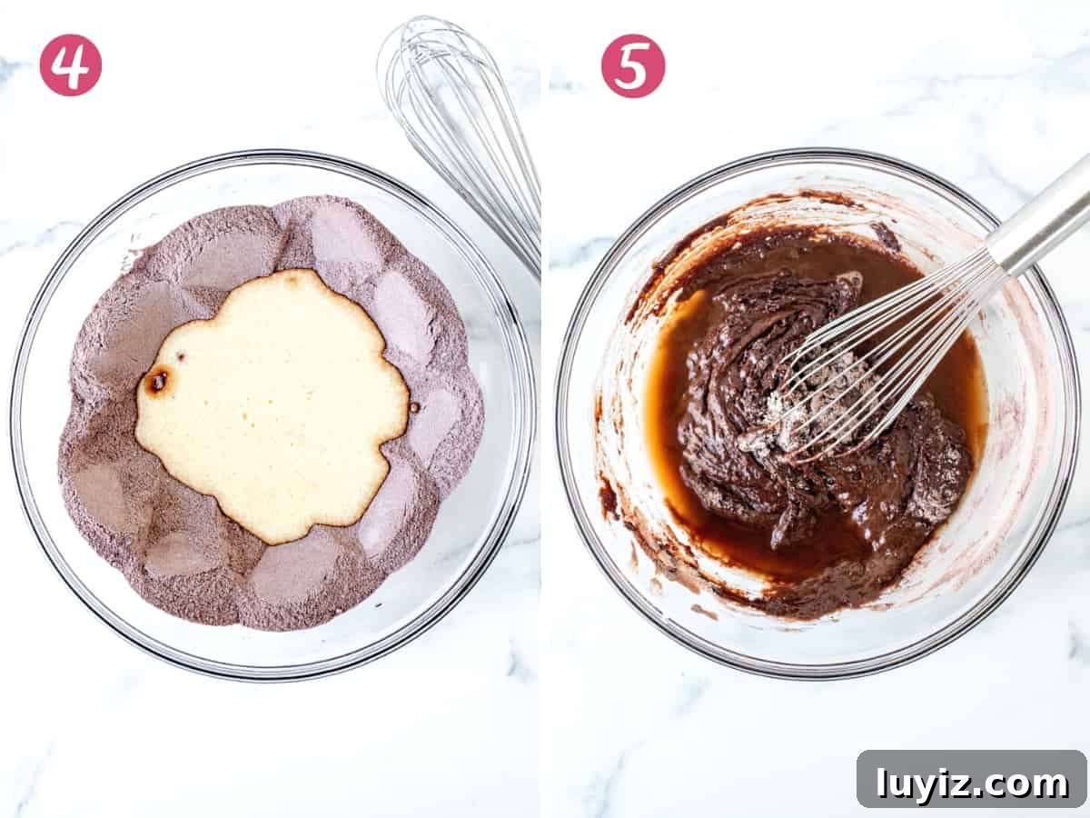 Decadent Double Chocolate Cupcakes Recipe 5 Bowl of wet ingredients poured into dry ingredients, and bowl of chocolate cupcake batter