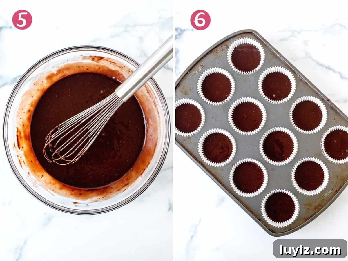 Decadent Double Chocolate Cupcakes Recipe 6 Bowl of chocolate cupcake batter and muffin pan with chocolate cupcake batter