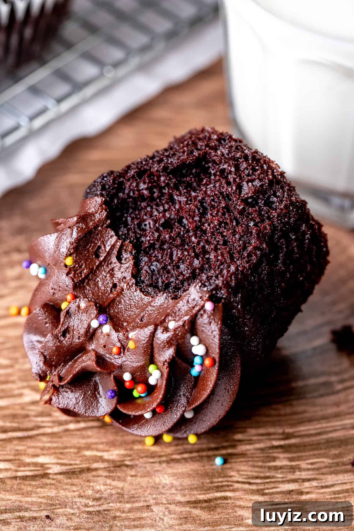 Decadent Double Chocolate Cupcakes Recipe 7 Double chocolate cupcake with bite taken out, on its side