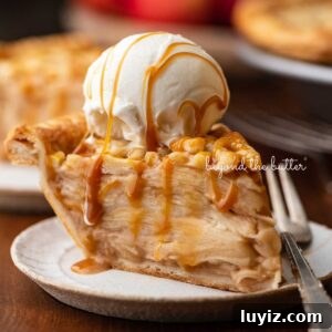 Classic Homemade Apple Pie Recipe for Perfect Crust and Filling 13 Slice of apple pie drizzled with caramel and topped with a scoop of vanilla bean ice cream on a ceramic dessert plate placed next to apple pie and bowl of apples on a wood background.