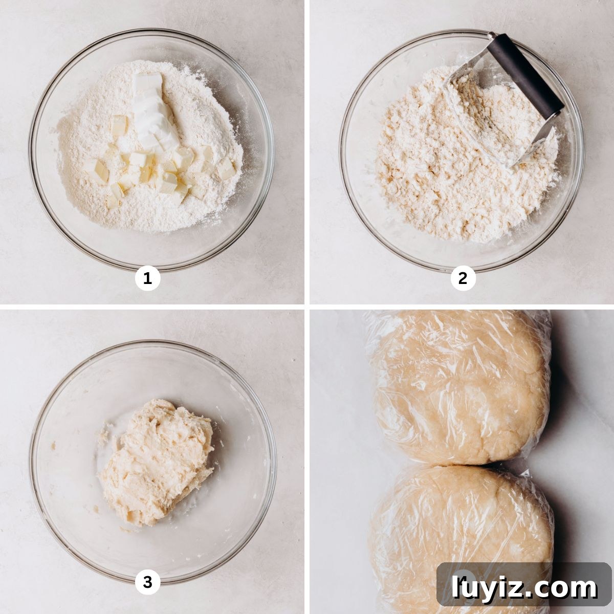 Classic Homemade Apple Pie Recipe for Perfect Crust and Filling 4 Four images of the stages of making homemade pie crust dough in a glass bowl and 2 plastic wrapped discs of dough on a white marbled background.