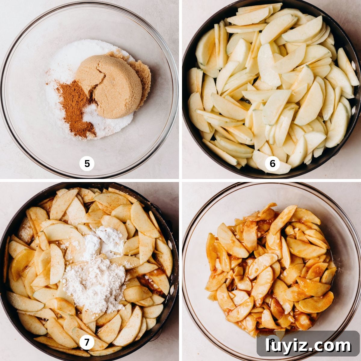 Classic Homemade Apple Pie Recipe for Perfect Crust and Filling 5 Making homemade apple pie filling using a glass bowl to mix the spices and a skillet to cook the apples on a white marbled background.