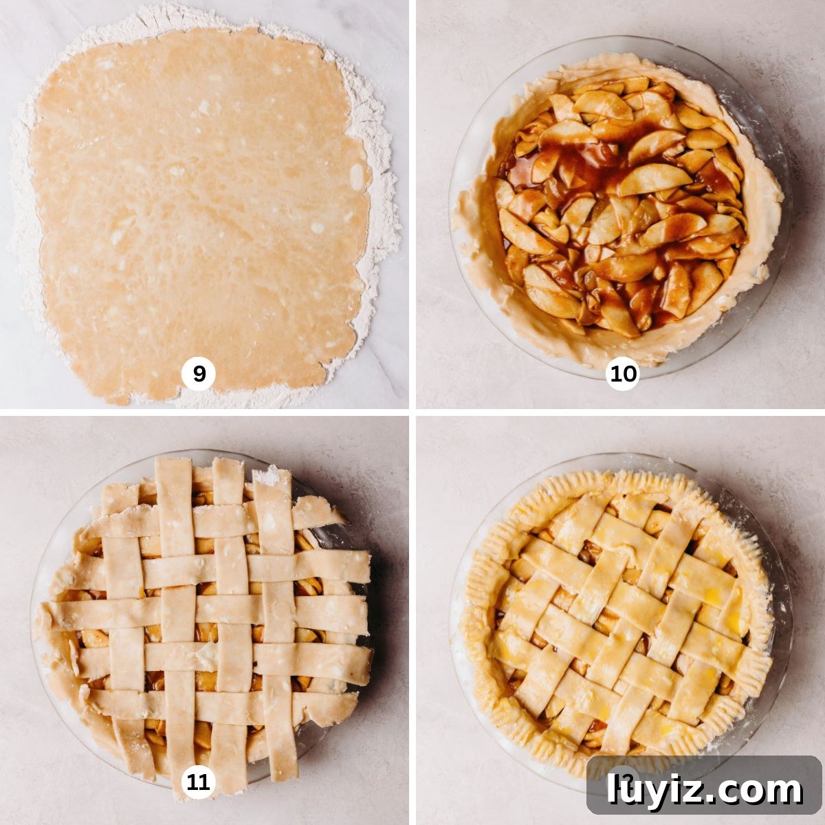 Classic Homemade Apple Pie Recipe for Perfect Crust and Filling 6 Rolling out pie crust dough, adding the apple pie filling, adding the top lattice crust, then applying the egg wash.