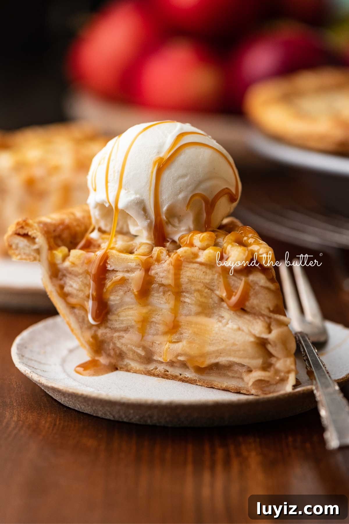 Classic Homemade Apple Pie Recipe for Perfect Crust and Filling 8 Slice of apple pie drizzled with caramel and topped with a scoop of vanilla bean ice cream on a ceramic dessert plate placed next to apple pie and bowl of apples on a wood background.