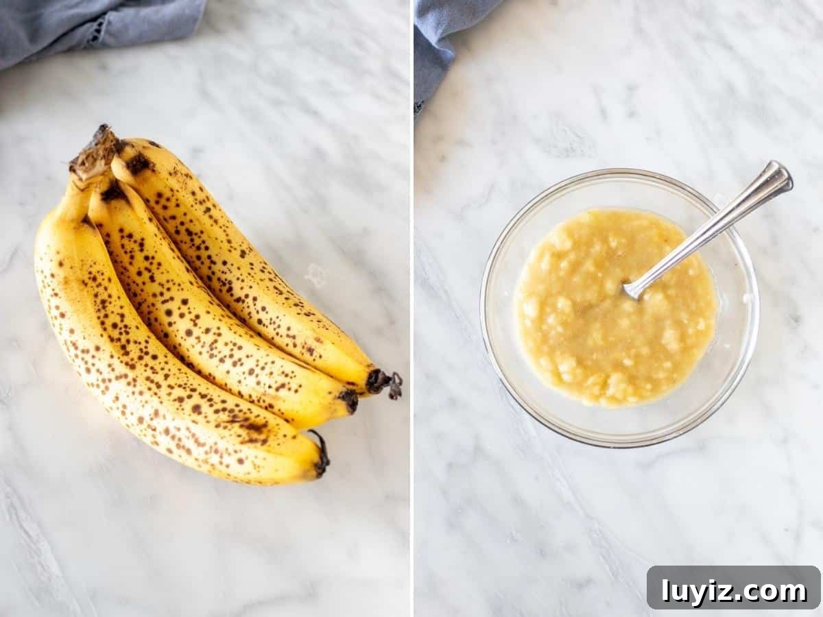 Banana Cupcakes with Cream Cheese Frosting Recipe 9 Bunch of brown bananas & bowl of mashed bananas