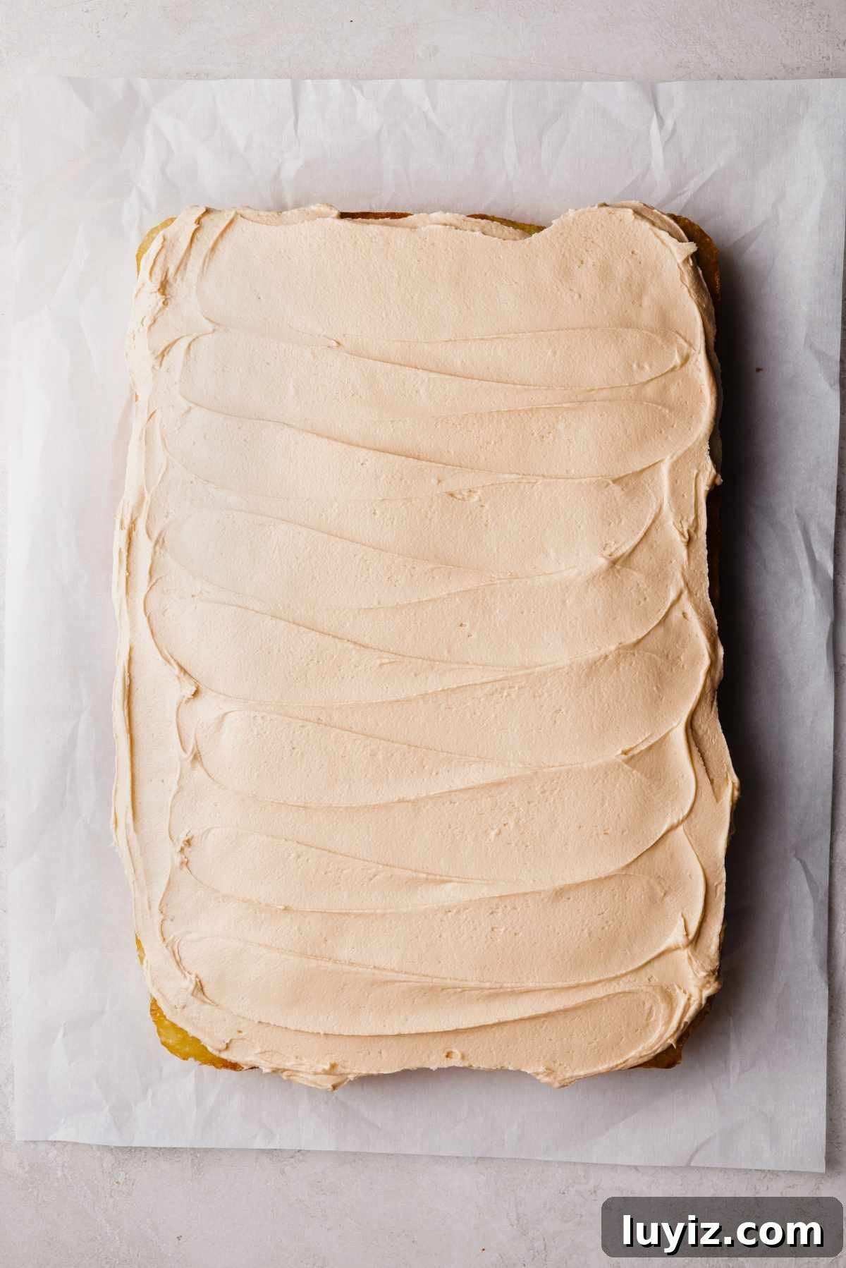 Butterscotch Krimpet Sheet Cake Recipe — Moist Retro Dessert 15 Frosted butterscotch krimpet sheet cake on a parchment paper lined white and grey textured background.