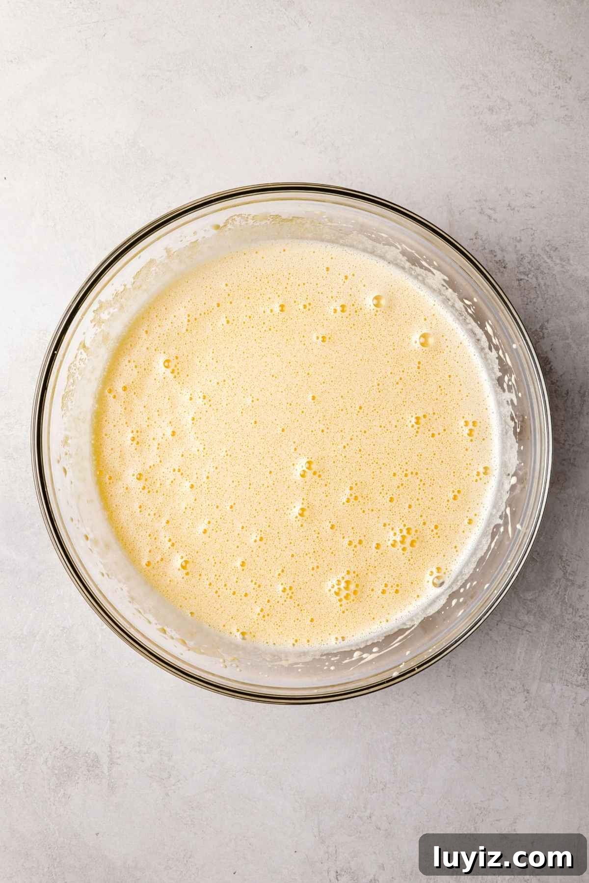Butterscotch Krimpet Sheet Cake Recipe — Moist Retro Dessert 7 Eggs and granulated sugar whisked together until frothy and doubled in size in a large glass mixing bowl on a white and grey textured background.