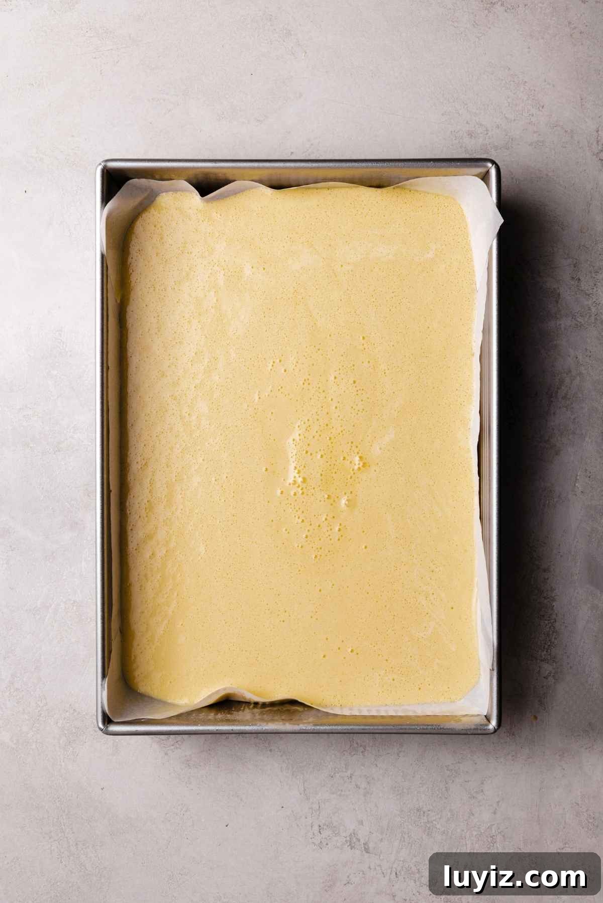 Butterscotch Krimpet Sheet Cake Recipe — Moist Retro Dessert 9 Vanilla sponge cake batter transferred to a 13 by 9 inch metal baking pan lined with parchment paper.