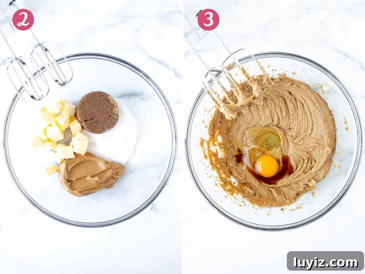 Soft, Chewy Monster Cookie Recipe for Ultimate Cookie Lovers 3 Bowl of butter, sugars and peanut butter, and bowl of ingredients mixed together with egg and vanilla extract added.