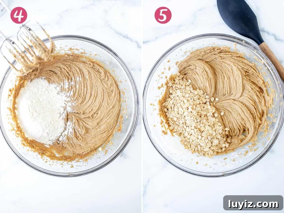 Soft, Chewy Monster Cookie Recipe for Ultimate Cookie Lovers 4 Bowl of cookie dough with flour added and bowl of cookie dough after oats are added.