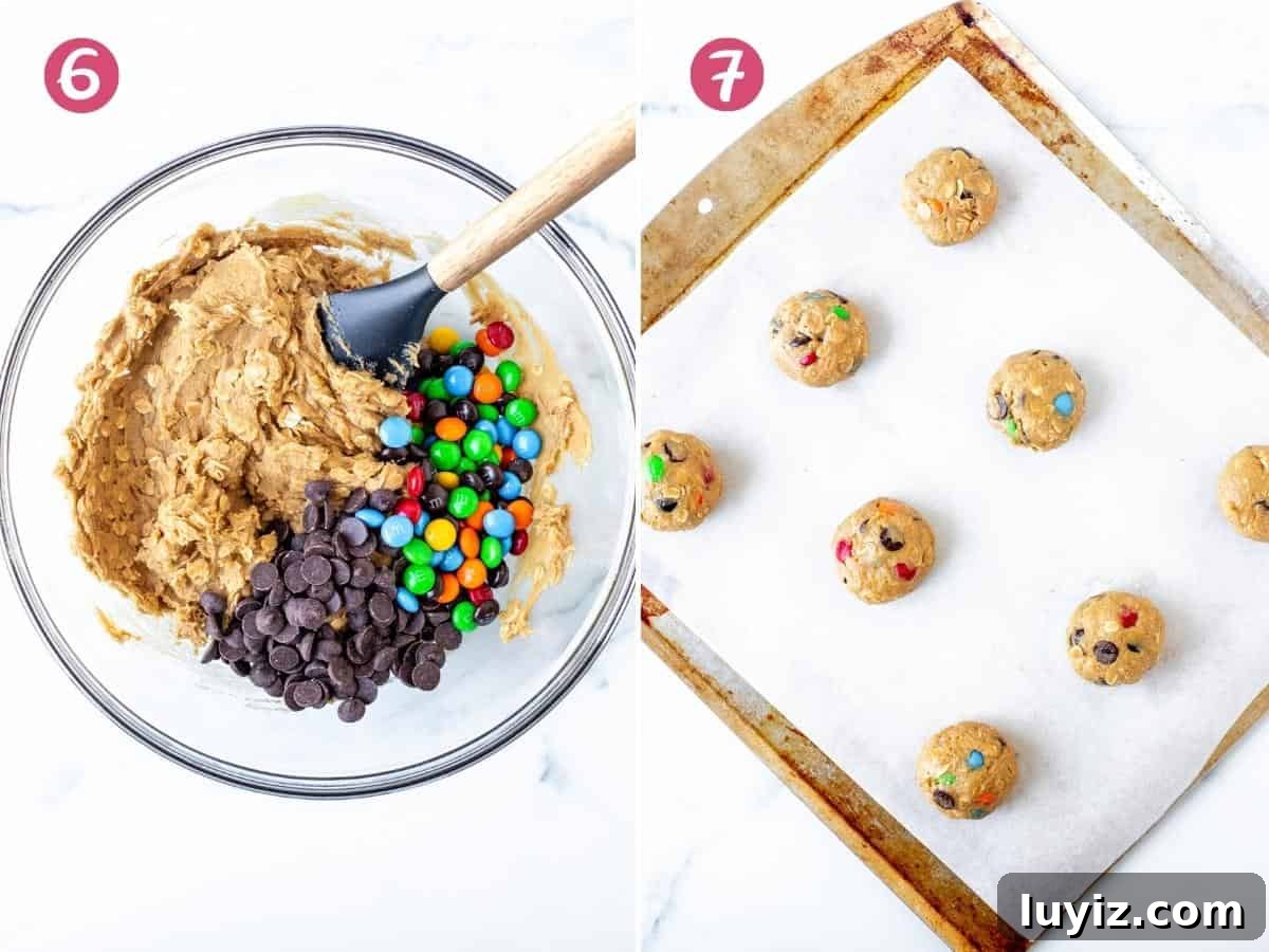 Soft, Chewy Monster Cookie Recipe for Ultimate Cookie Lovers 5 Bowl of monster cookie dough and cookie dough balls on a lined cookie sheet