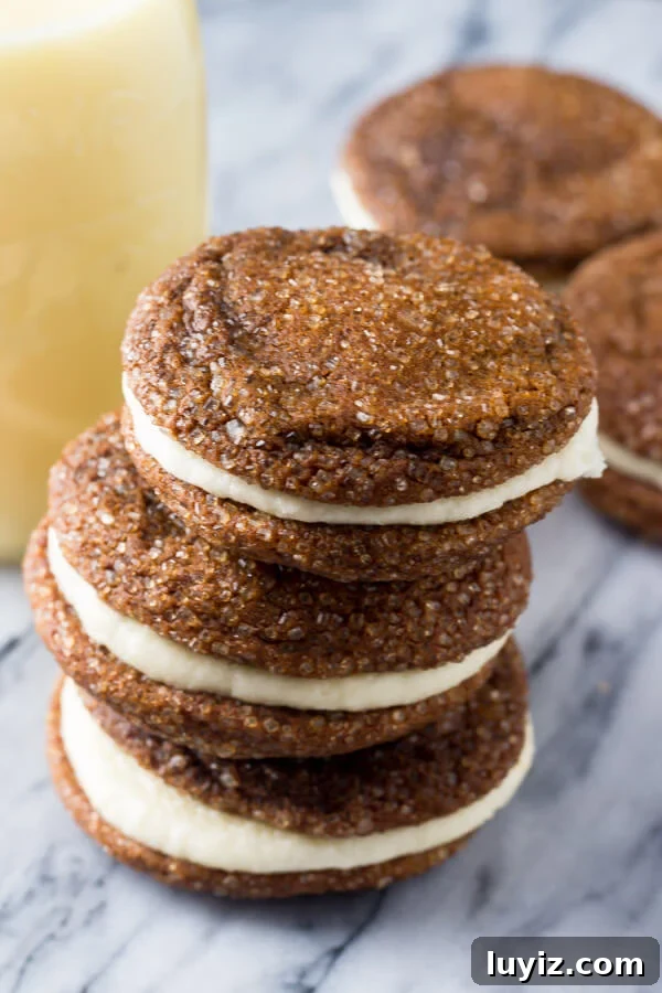 Ginger Molasses Sandwich Cookies with Eggnog Buttercream 4 Ginger Molasses Sandwich Cookies. Two soft and chewy ginger molasses cookies sandwiched with eggnog frosting and filled with Christmas spirit. www.justsotasty.com