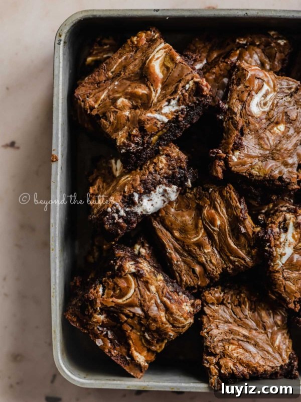 Salted Pecan Pie Brownies Recipe: Gooey Chocolate with Crunch 12 Closeup of randomly placed marshmallow peanut butter brownies in small baking tray.