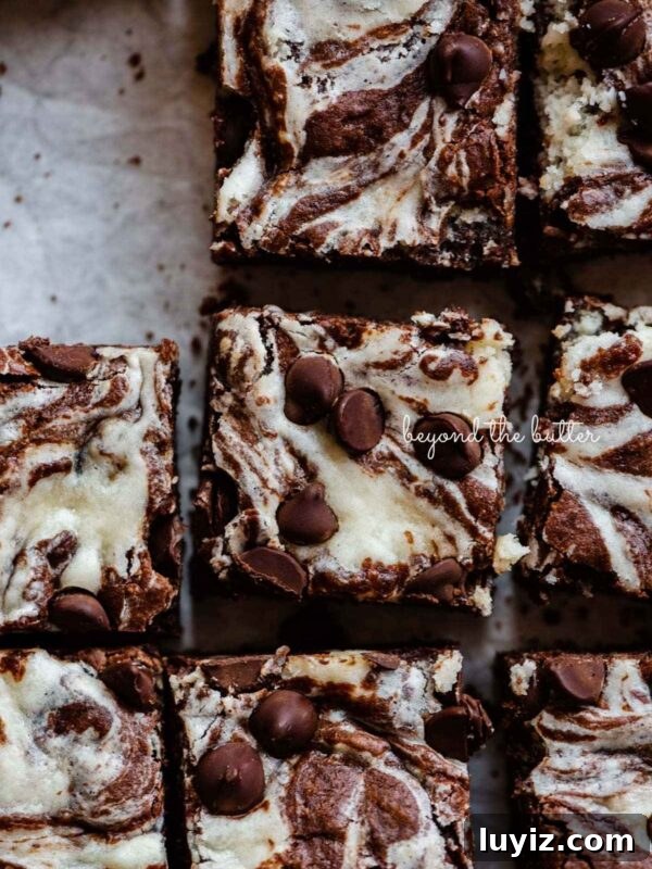 Salted Pecan Pie Brownies Recipe: Gooey Chocolate with Crunch 10 Sliced squares of chocolate chip cream cheese brownies on white parchment paper.
