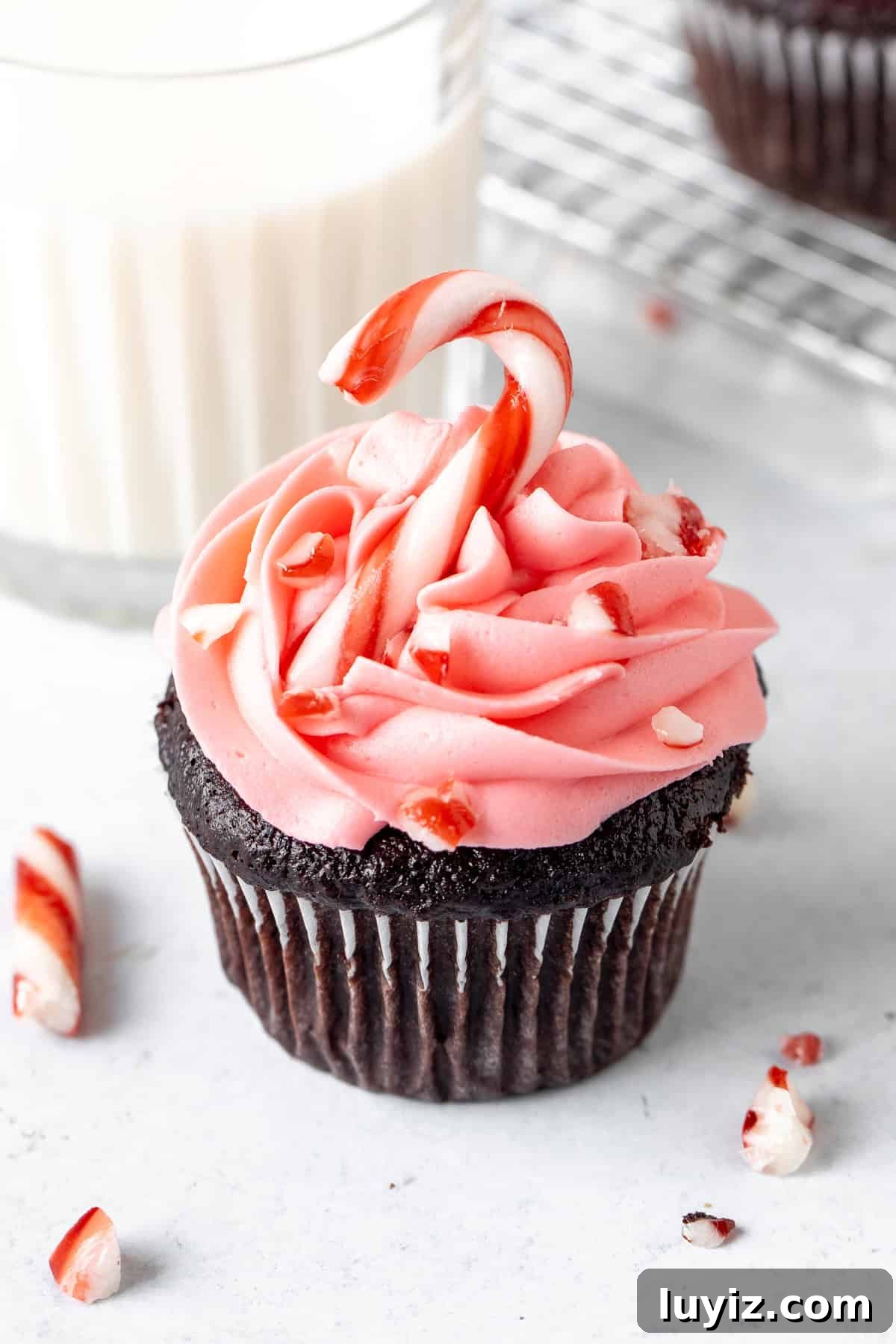 Chocolate Candy Cane Cupcakes: Peppermint Swirl Holiday Treats 4 chocolate candy cane cupcake decorated with pink peppermint frosting an a small candy cane