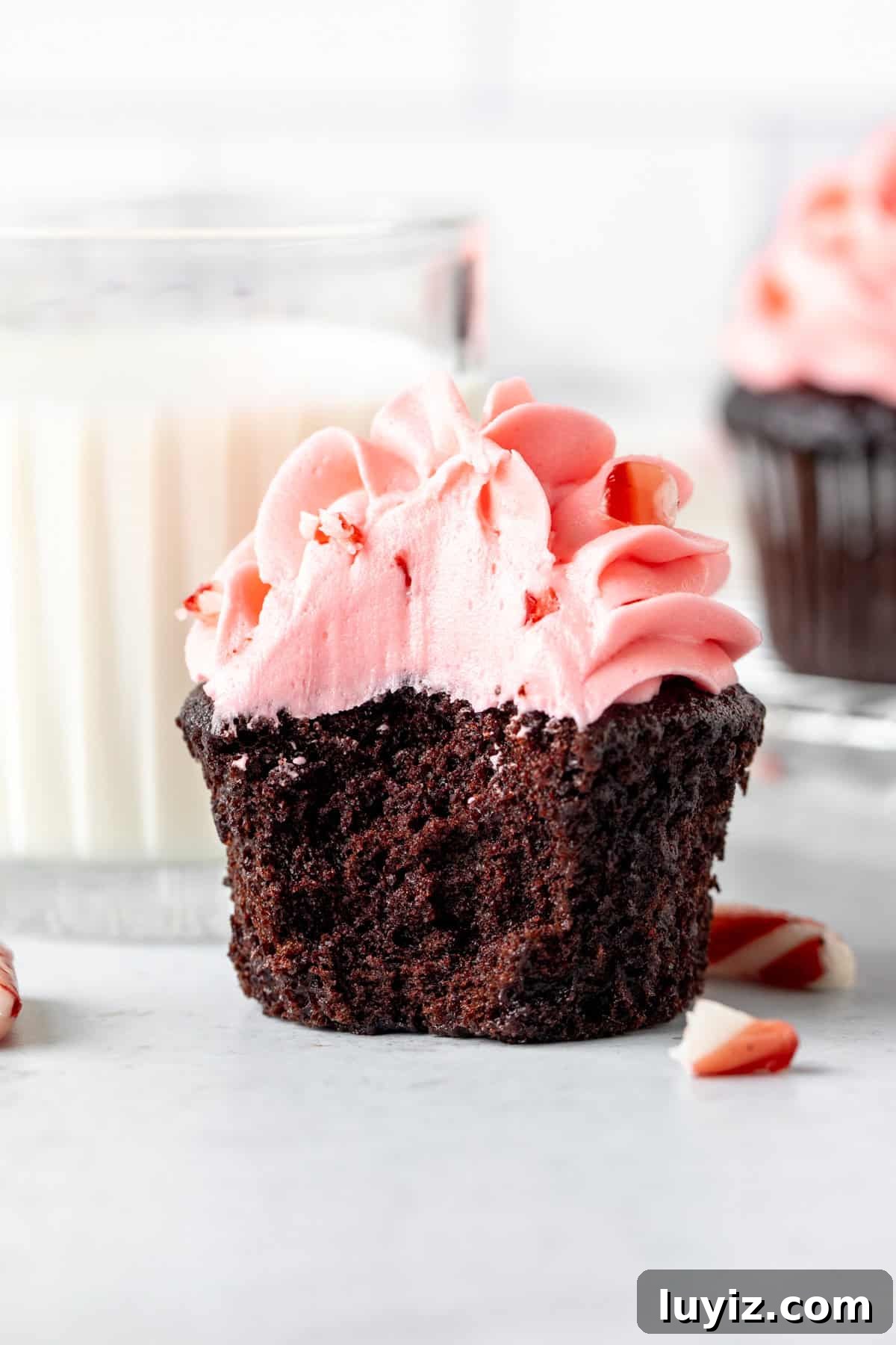 Chocolate Candy Cane Cupcakes: Peppermint Swirl Holiday Treats 5 Peppermint chocolate cupcake with a bite taken out with a glass of milk