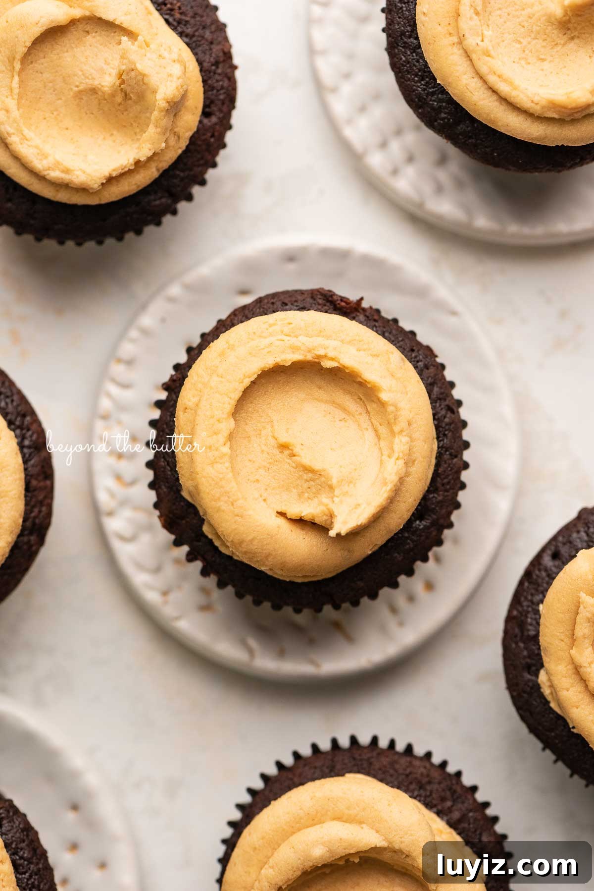 Decadent Chocolate Cupcakes with Peanut Butter Frosting 5 Devil's food cupcakes with peanut butter frosting with some on small dessert plates on white background | © Beyond the Butter®