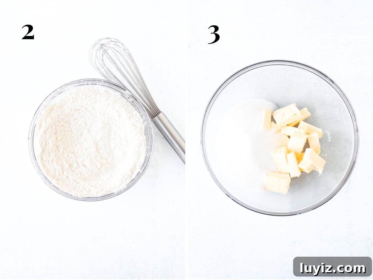 Chewy Frosted Sugar Cookie Bars with Vanilla Buttercream 4 Bowl of dry ingredients whisked together and bowl of butter and sugar