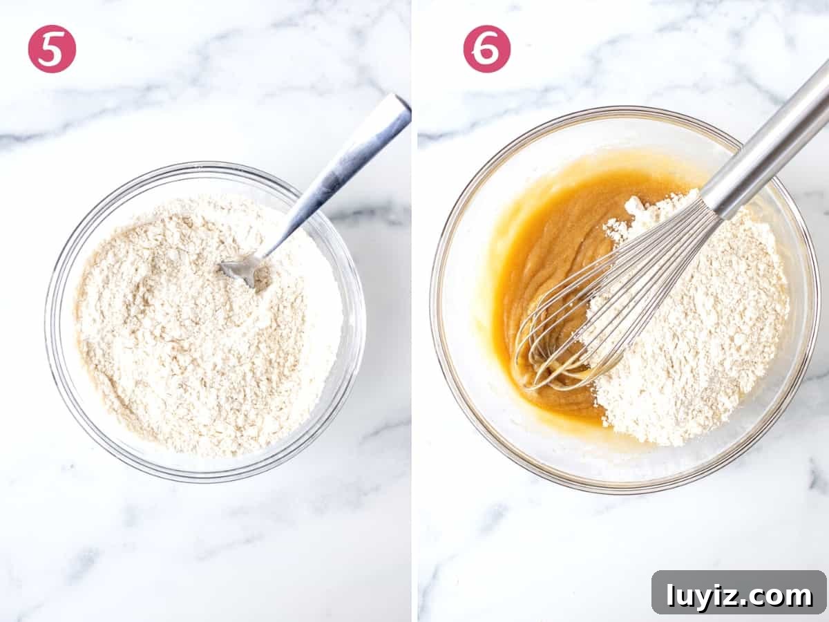 Chewy Snickerdoodle Cookie Bars Recipe for Soft Cinnamon Squares 6 Bowl of dry ingredients, and bowl of butter mixture with dry ingredients added in