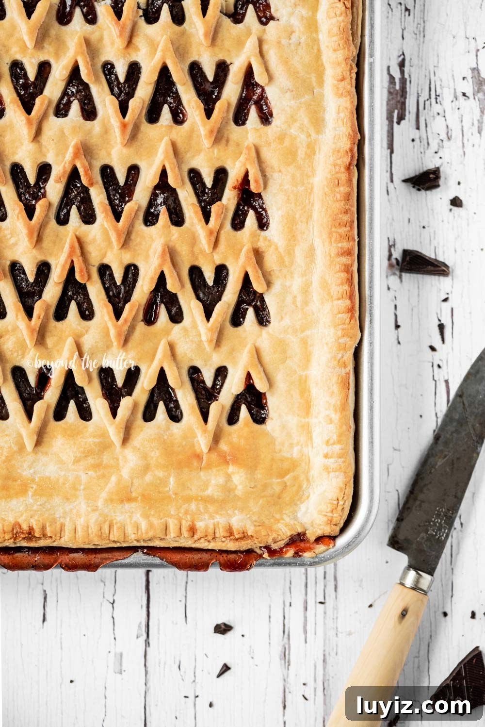 Chocolate Cherry Bourbon Slab Pie Recipe for Sharing 5 Chocolate Cherry Bourbon Slab Pie recipe | All Images © Beyond the Butter, LLC