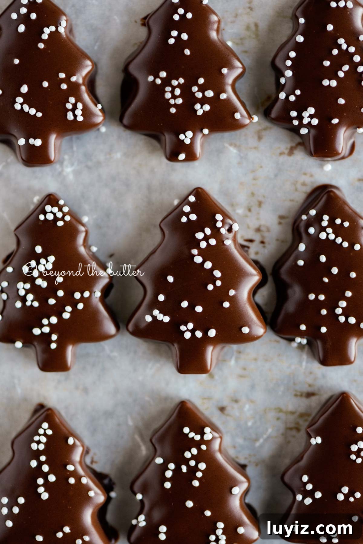 Chocolate-Dipped Graham Cracker Cookies with Sea Salt 4 Chocolate Dipped Graham Cracker Chrismtas Trees on a cookie sheet | © Beyond the Butter®