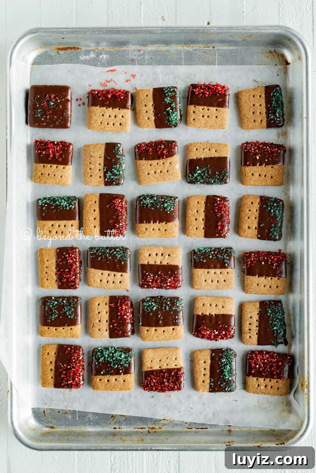 Chocolate-Dipped Graham Cracker Cookies with Sea Salt 8 Cookie sheet with rows of Chocolate Dipped Graham Cracker Sqaures | © Beyond the Butter®