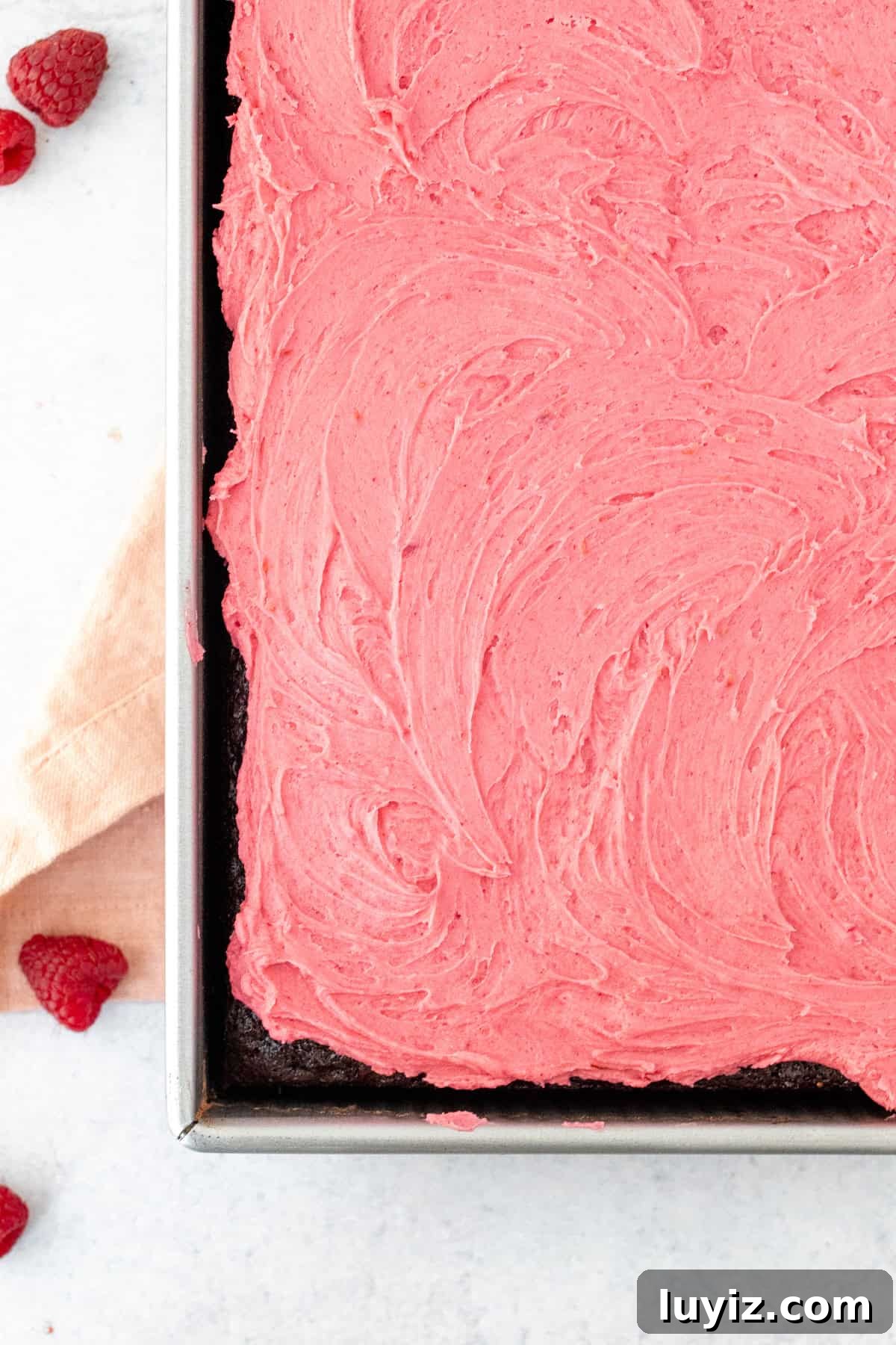 Fudgy Chocolate Cake with Raspberry Buttercream Frosting 5 Sheet pan with chocolate cake topped with raspberry buttercream