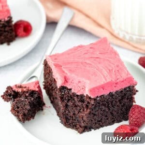 Slice of fudgy chocolate cake with pink raspberry frosting