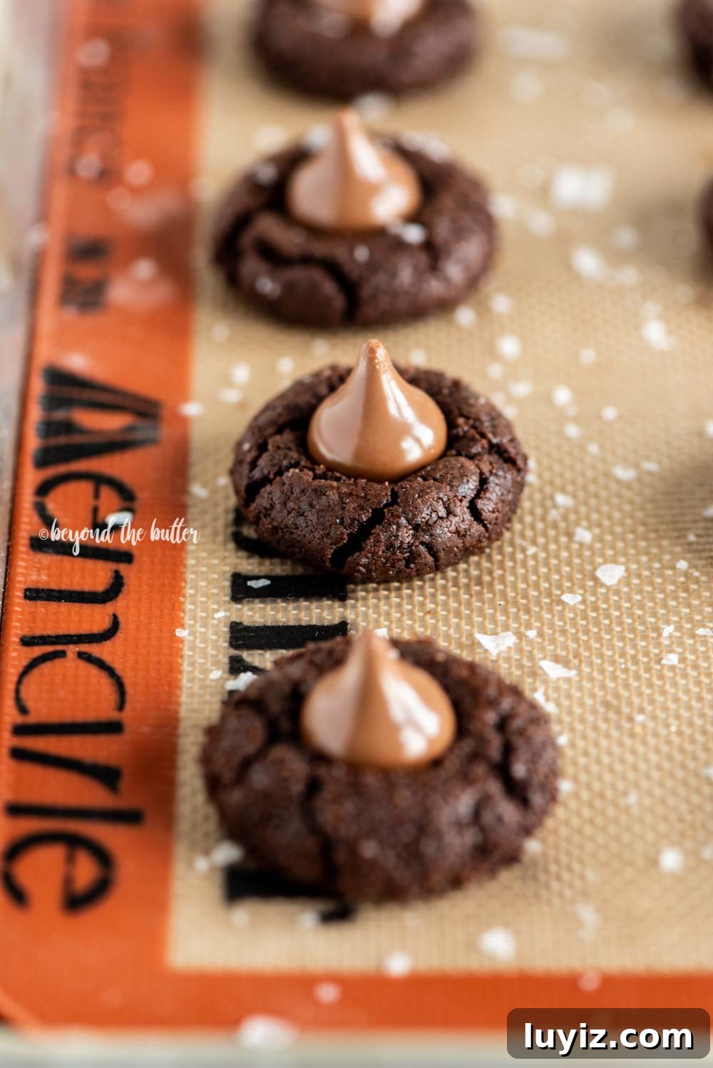 Chocolate Caramel Blossom Cookies: Gooey Centers & Crisp Edges 5 Angled image of Chocolate Caramel Blossoms on cookie sheet | All Images © Beyond the Butter, LLC