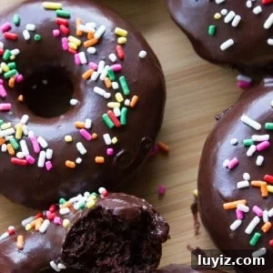Decadent Double Chocolate Doughnuts Recipe for Chocolate Lovers 6 Overhead view of baked chocolate donuts dipped in chocolate.