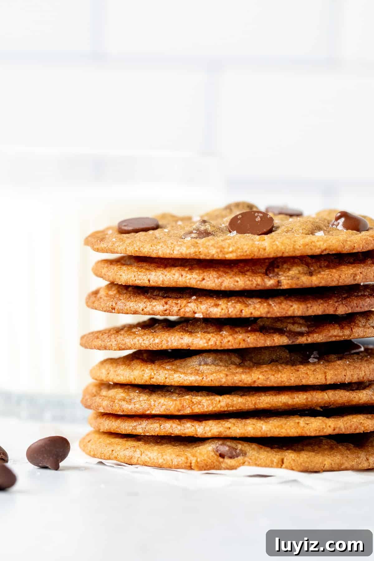 Thin Crispy Chocolate Chip Cookies Recipe for Perfect Crunch 2 Stack of thin and crispy chocolate chip cookies with glass of milk
