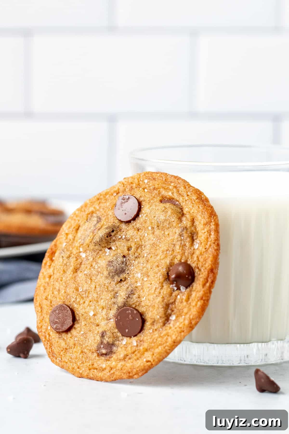 Thin Crispy Chocolate Chip Cookies Recipe for Perfect Crunch 3 Crispy chocolate chip cookie leaning up against a glass of milk