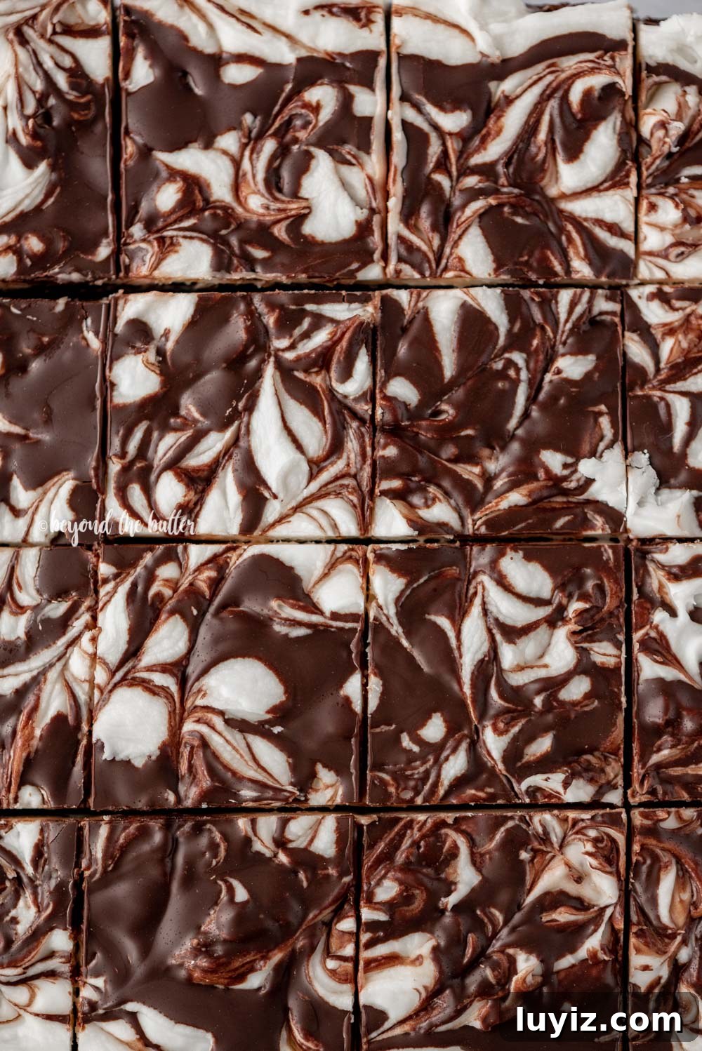 Peppermint Chocolate Swirl Brownies — Festive Fudgy Recipe 3 Close up of cut Chocolate Peppermint Swirled Brownies | All Images © Beyond the Butter, LLC