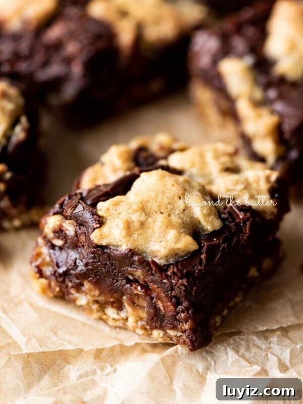 Peppermint Chocolate Swirl Brownies — Festive Fudgy Recipe 9 Oatmeal fudge nut bars randomly placed on crinkled brown parchment paper.