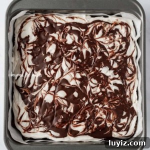 Peppermint Chocolate Swirl Brownies — Festive Fudgy Recipe 10 Chocolate Peppermint Swirled Brownies on square baking pan on white marbled background.